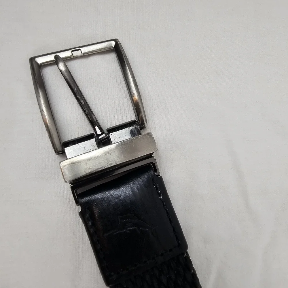 TOMMY BAHAMA Mens L XL Braided Cotton Woven Black Leather Trim Belt Silver Work